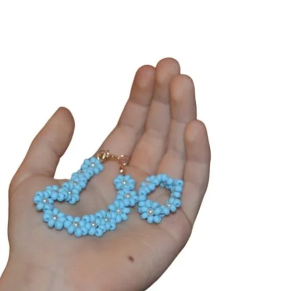 Handmade Sky Blue Seed Beaded Flowers Set of Bracelet & Ring - Picture 2 of 3